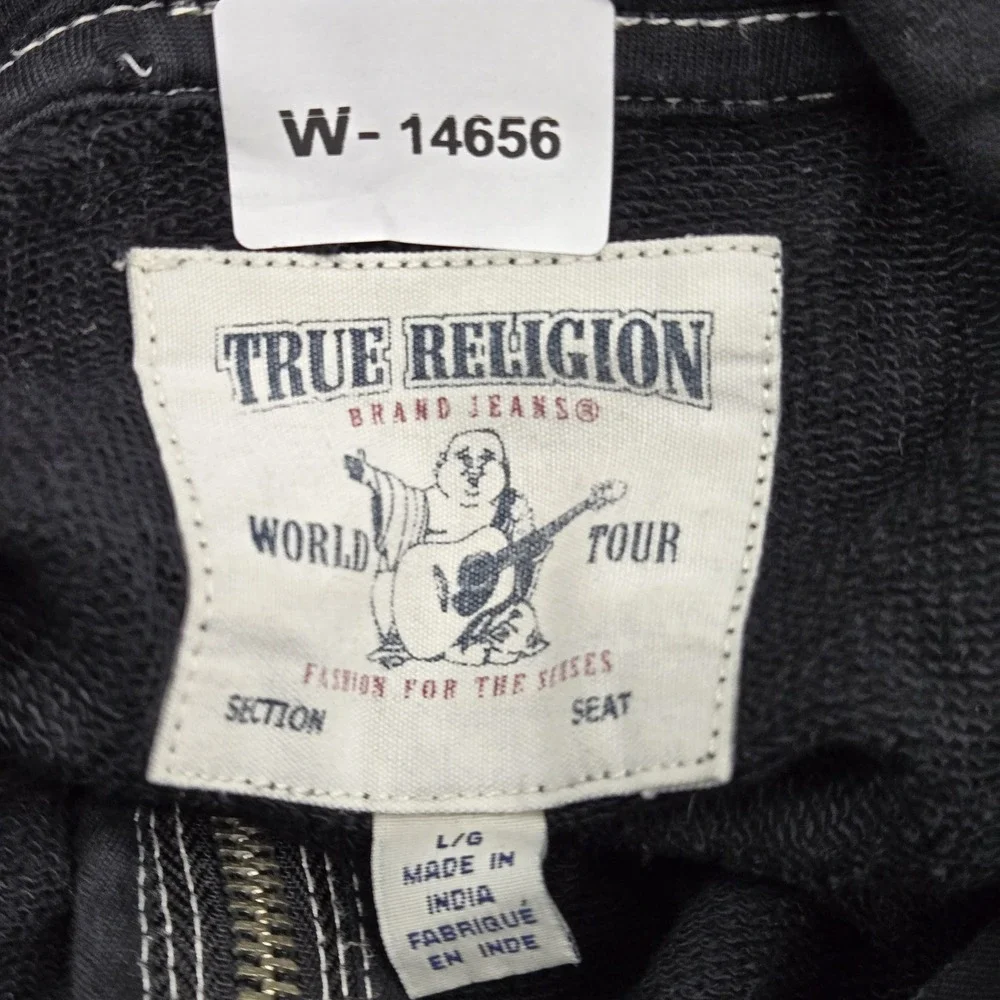 True Religion Men Hoodie L/G Black Embroidered Graphic Fleece Buddha Guitar